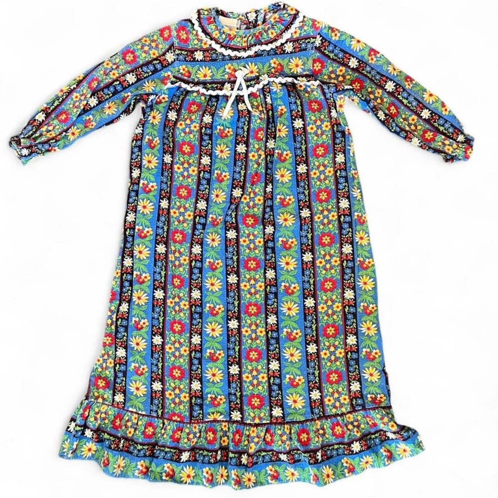 Antique Vintage 1960s Aldens blue floral pinstripe nightgown dress girls sz 6-8